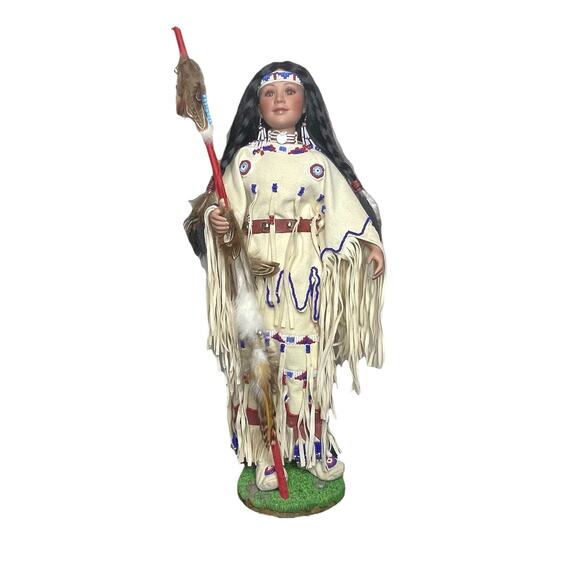 Danbury Mint Native American Porcelain Doll 2001 Beaded Fringe Staff 17” Tall - Picture 1 of 11